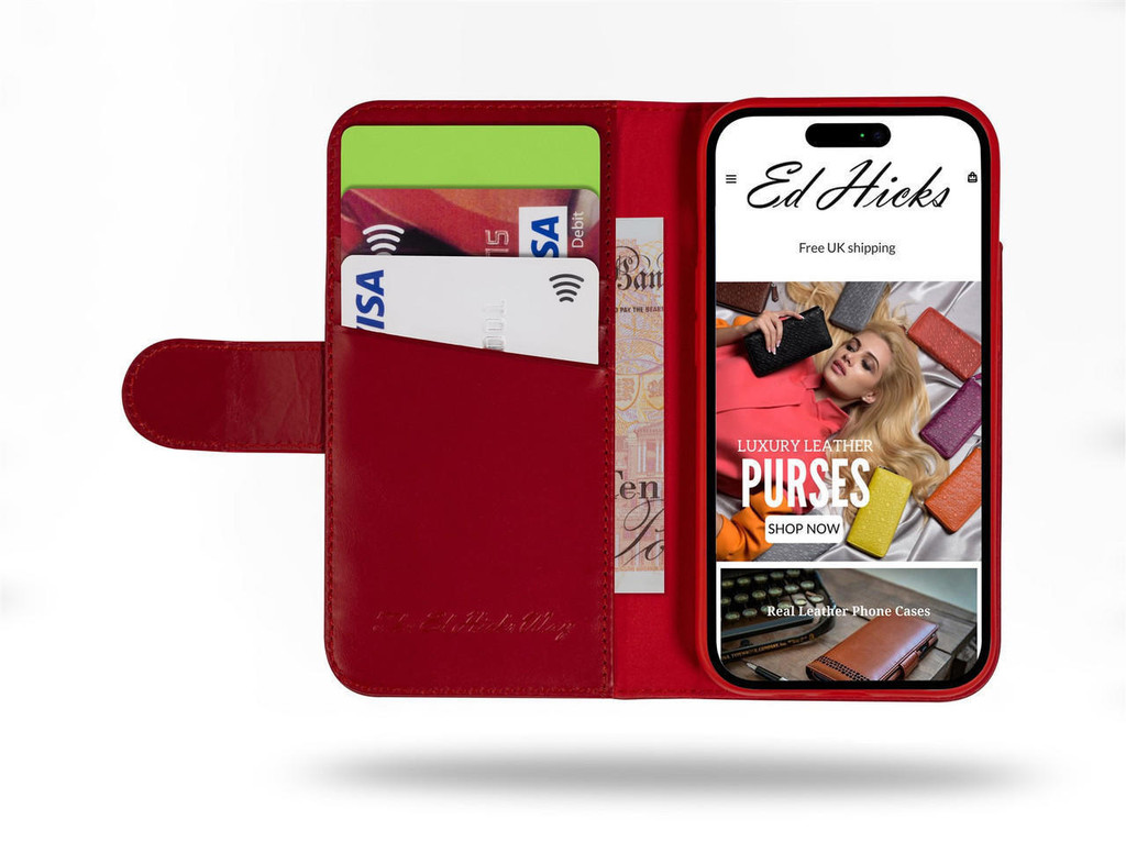 Rila Red Leather iPhone 15 Plus Wallet Case with Unique Patina
