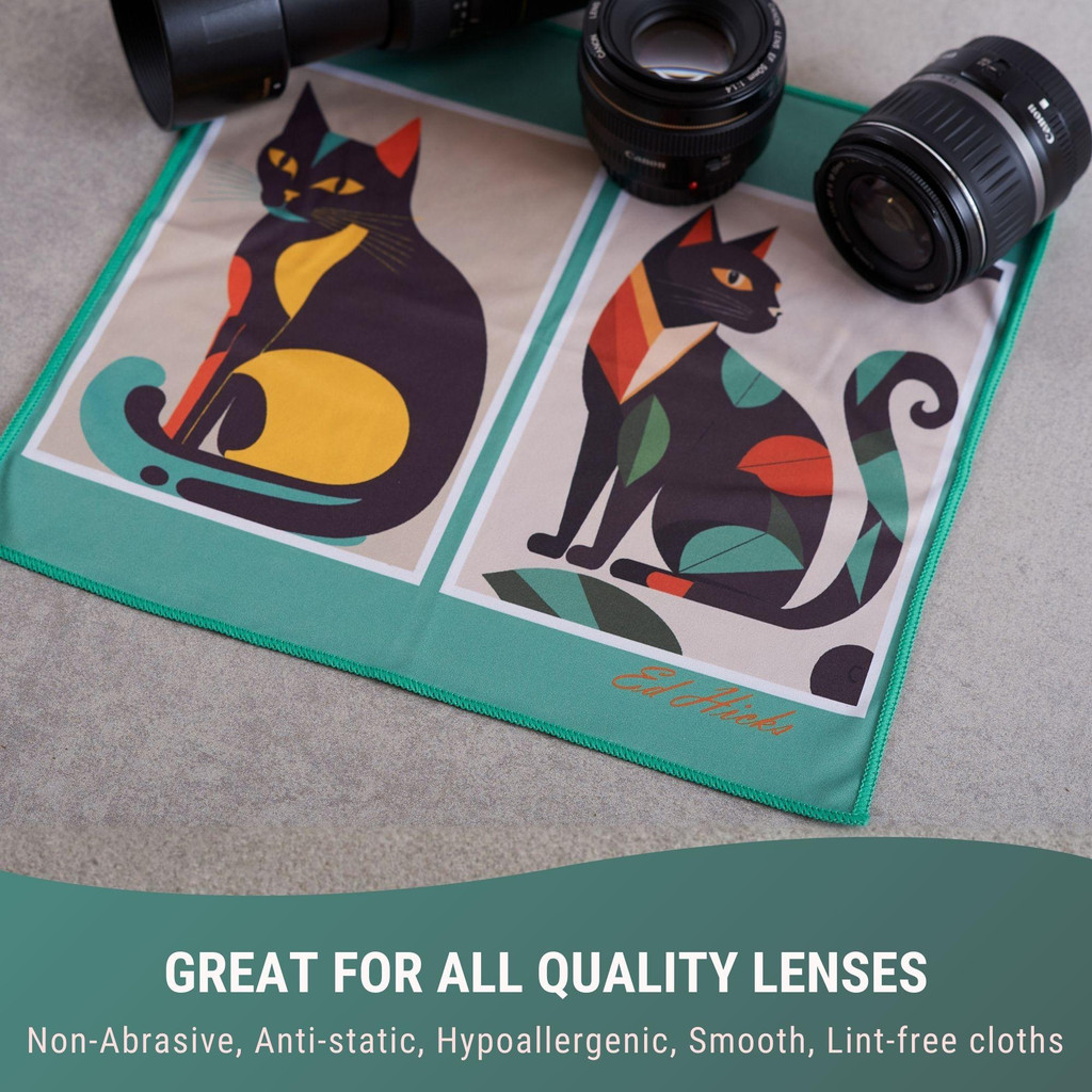 Cat design microfibre cleaning cloth beside camera lenses