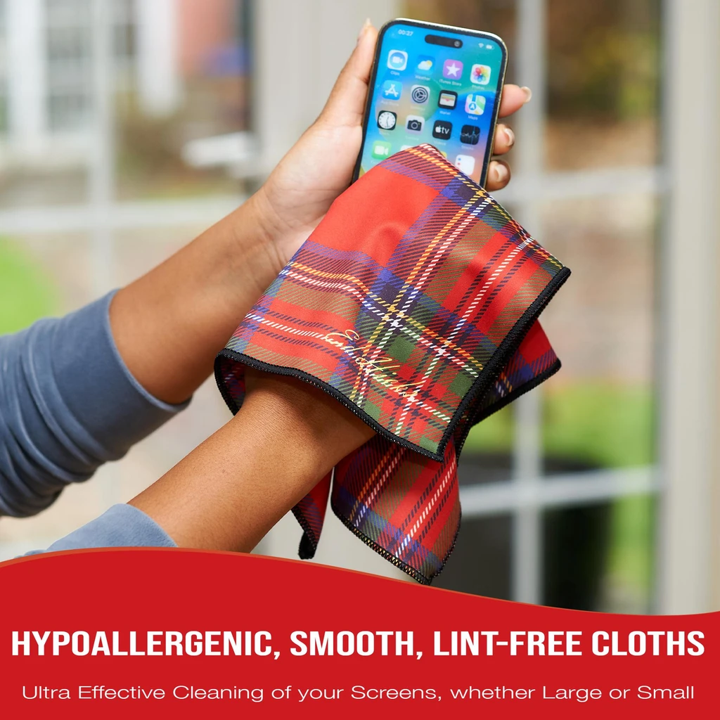 Red tartan microfibre cloth cleaning a smartphone screen