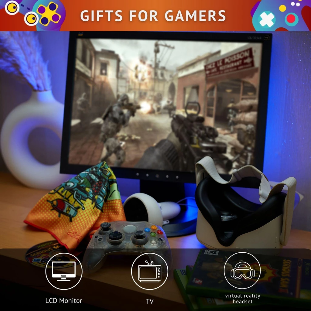 Orange gaming cleaning cloth beside laptop and game controller