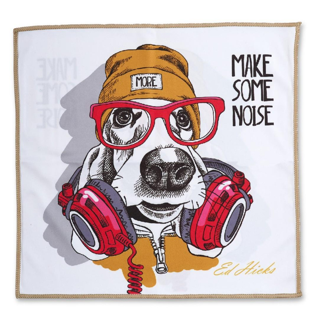 DJ Dawg microfibre cleaning cloth with dog, glasses and headphones illustration