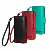 Royale iPhone 13 Mini leather wallet case with wrist strap on table
