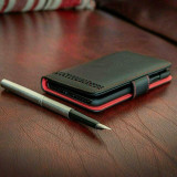 Royale iPhone 14 Plus 6.7" Black Leather Wallet Case with Red Accents & Strap