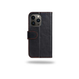 Royale iPhone 14 Plus 6.7" Black Leather Wallet Case with Red Accents & Strap