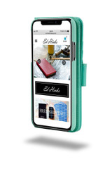 Premium Leather Wallet Flip Case for the iPhone 16 in Turquoise with "Turners" Dot in Silver