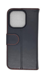 iPhone 16 Pro Max black genuine leather wallet flip case with red interior detailing