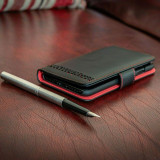 iPhone 16 Pro Max black genuine leather wallet flip case with red interior detailing
