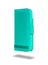 turquoise blue leather iPhone 17 wallet flip phone case