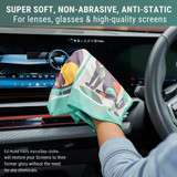 Cat microfibre cleaning cloth wiping a car dashboard screen