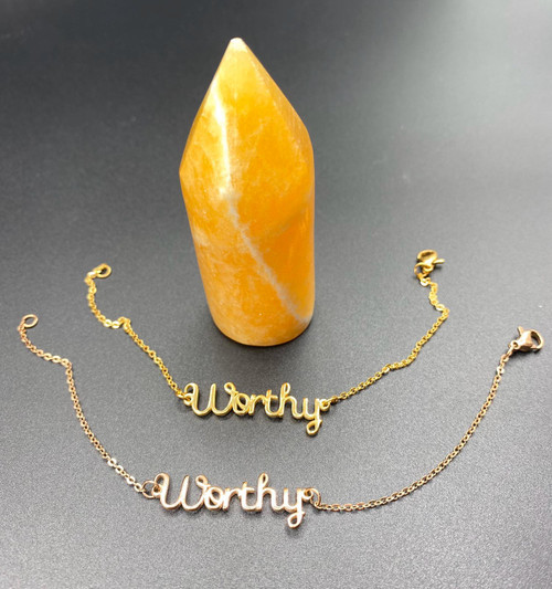 Orange Calcite Obelisk Crystal and I AM Worthy Rose Gold or Gold Bracelets.