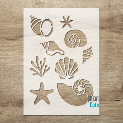 Seashell Set stencil on the wooden background
