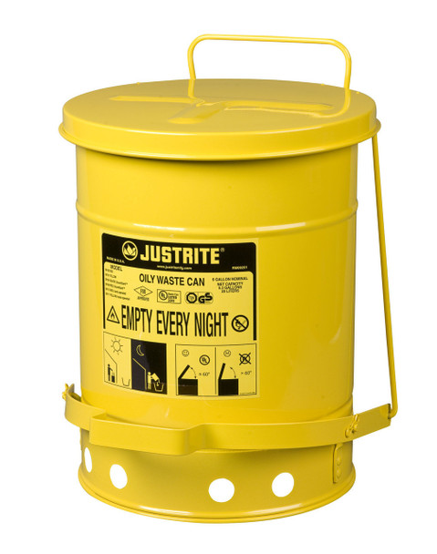 Justrite Oily Waste Can - 09101 - with Foot Operated Cover - 6 Gallon - Yellow