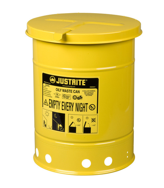 Justrite 09111 Oily Waste Can - 6 Gallon - Yellow - Hand Operated Cover