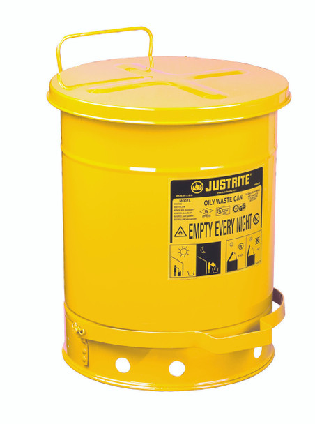 Justrite Oily Waste Can - 09301 - 10 Gallon - Yellow - Foot Operated Cover