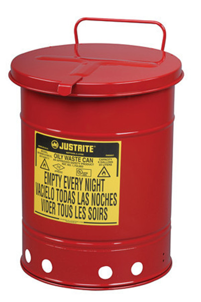 Justrite Oily Waste Can - 10 Gallon - Red - Hand Operated Cover