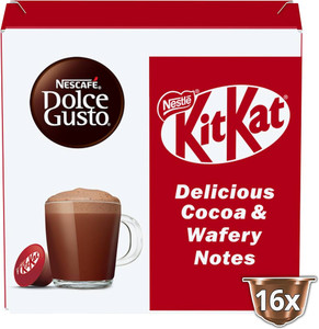 Crispy wafer, rich cocoa and a creamy finish in each mug. Make your cosy nights sweeter with Nescafe Dolce Gusto Kitkat Pods.