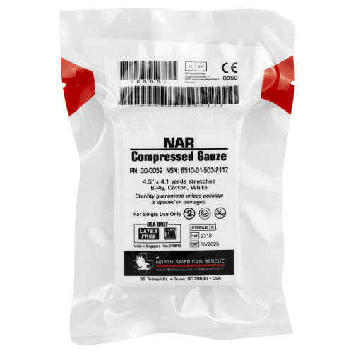 North American Rescue Compressed Gauze, 4.5" x 4.1yd Sterile 6-Ply 100% Cotton Gauze, Crinkle Weave, Latex Free