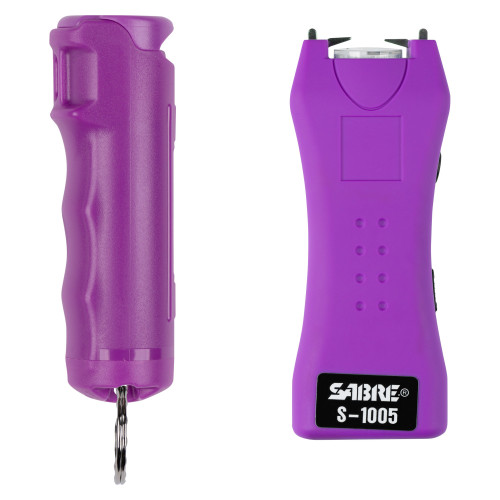 Sabre Stun Gun and Pepper Spray Package, Purple Color, Stun Gun w/ Built-in 120 Lumen Flashlight, Flip top Pepper Spray