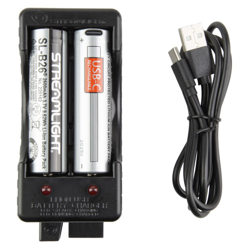 Streamlight Rechargeable, Charging Kit, 2x SL-BL26 USB Batteries, USB Cord, Charging Base, Black