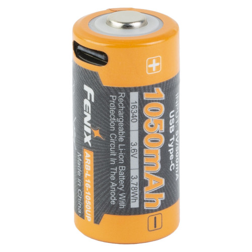FENIX USB Rechargeable 16340 Battery, USB-C Charging Port, 1050mAh, 3.6V, Black