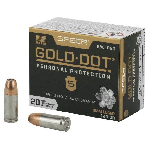 Speer Ammunition Speer Gold Dot - 9MM, 124Gr, Gold Dot Hollow Point, 20-Round Box, 124 Grain