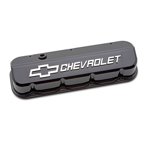Valve Cover - Slant-Edge - Tall - Baffled - Breather Hole - Raised Chevrolet Logo - Aluminum - Black Paint - Big Block Chevy - Pair