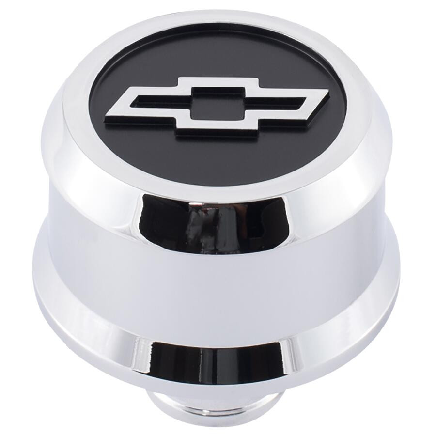 Chevrolet Performance Parts Slant-Edge Aluminum Breather Cap; Blackfield Bowtie Emblem; Push-In; Chrome