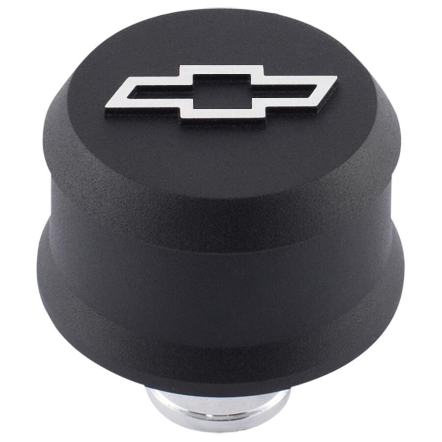 Chevrolet Performance Parts Slant-Edge Aluminum Breather Cap; Raised Bowtie Emblem; Push-In; Black Crinkle