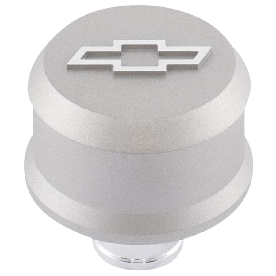 Chevrolet Performance Parts Slant-Edge Aluminum Breather Cap; Raised Bowtie Emblem; Push-In; Gray Crinkle