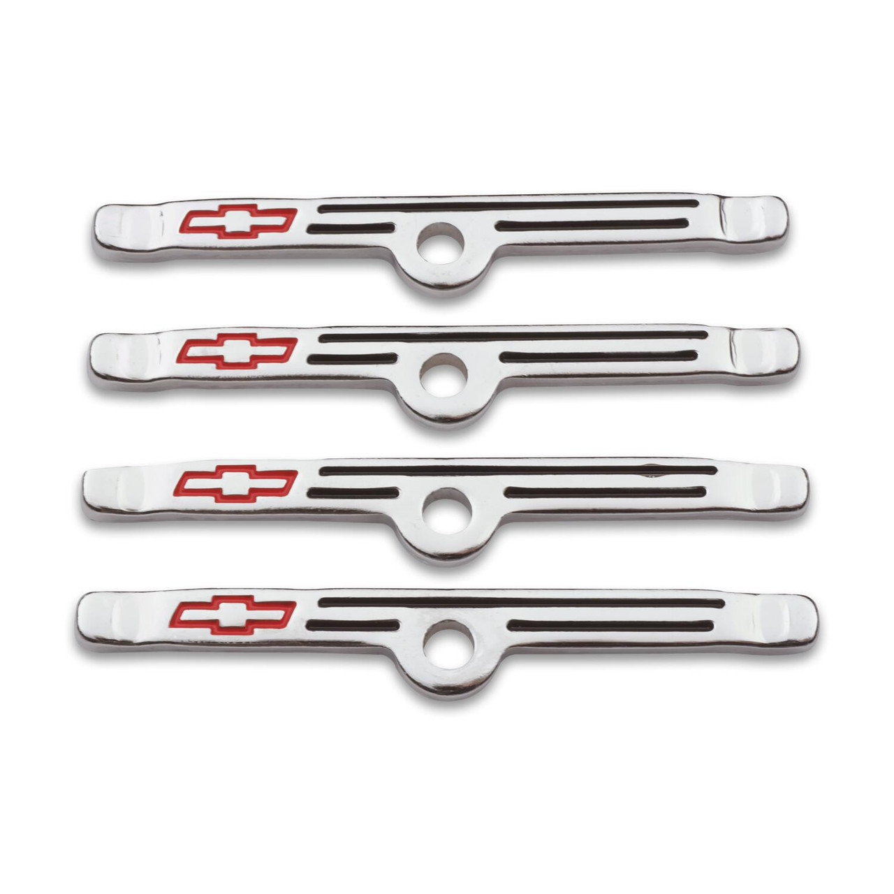 Chevrolet Performance Parts Engine Valve Cover Holdown Clamps; Chrome with Red Bowtie Logo; SB Chevy; 4 Pcs
