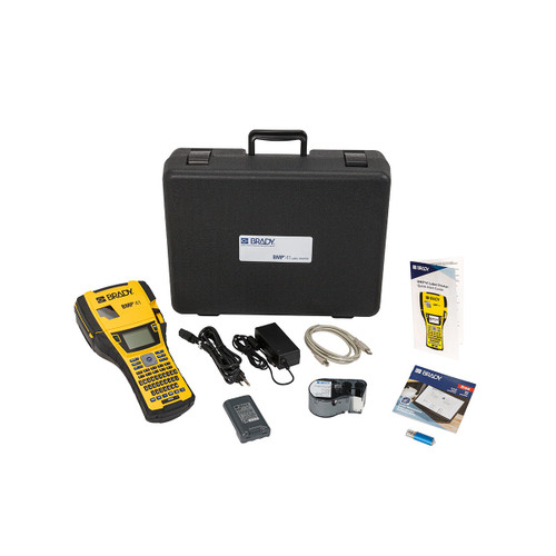 Brady BMP41 Printer (BMP41), Hard Case, BMP41 Rechargeable Battery Pack (BMP41-BATT), MC1-1000-595-WT-BK cartridge, USB Cable, AC Adapter (BMP41-AC), Product CD, Brady Printer Drivers CD and Quick Start Guide. - BMP41