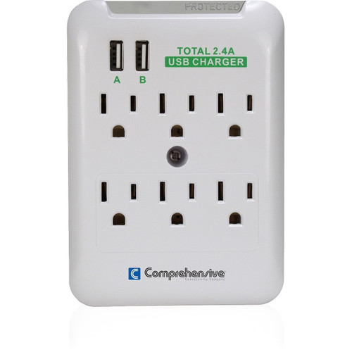 Comprehensive Wall Mount 6-Outlet Surge Protector With Dual-USB