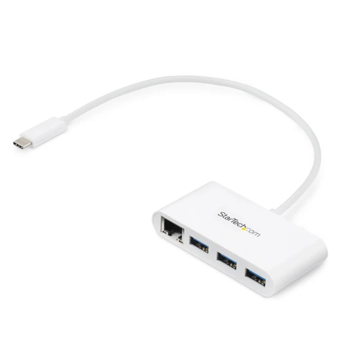 Startech 3 Port USB C Hub with Gigabit Ethernet - USB-C to 3x USB-A - USB 3.0 - White - USB Hub with GbE - USB-C to USB Adapter - USB Type C Hub - HB30C3A1GEA