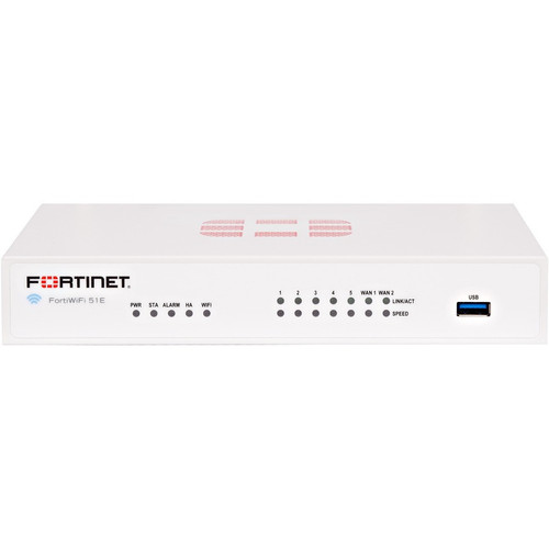 Fortinet FortiWifi FWF-51E Network Security/Firewall Appliance - 7 Port - 10/100/1000Base-T - Gigabit Ethernet - Wireless LAN IEEE 802.11a/b/g/n - AES (256-bit), SHA-256 - 200 VPN - 5 x RJ-45 - 3 Years - FWF-51E-T-BDL-810-36 Fortinet FortiWifi FWF-51E Network Security/Firewall Appliance - 7 Port - 10/100/1000Base-T - Gigabit Ethernet - Wireless LAN IEEE 802.11a/b/g/n - AES (256-bit), SHA-256 - 200 VPN - 5 x RJ-45 - 3 Years - FWF-51E-T-BDL-810-36