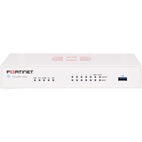 Fortinet FortiWifi FWF-50E Network Security/Firewall Appliance - 7 Port - 10/100/1000Base-T - Gigabit Ethernet - Wireless LAN IEEE 802.11a/b/g/n - AES (256-bit), SHA-256 - 200 VPN - 5 x RJ-45 - 3 Year 2 - FWF-50E-E-BDL-950-36 Fortinet FortiWifi FWF-50E Network Security/Firewall Appliance - 7 Port - 10/100/1000Base-T - Gigabit Ethernet - Wireless LAN IEEE 802.11a/b/g/n - AES (256-bit), SHA-256 - 200 VPN - 5 x RJ-45 - 3 Year 2 - FWF-50E-E-BDL-950-36