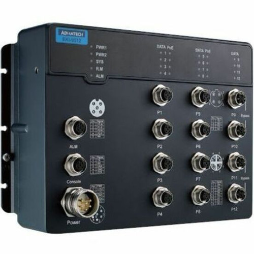 Advantech B+B SmartWorx EN50155 M12 PoE Managed Gigabit Ethernet Switch for Railway Applications, 8GE PoE + 4GE, Without Bypass – EKI-9512G-4GMPX-AE