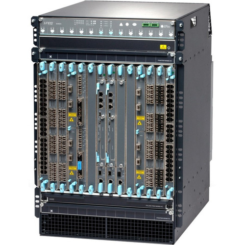 Base EX9214 TAA system configuration: 14-slot chassis with passive midplane and 2x fan trays, 1x routing engine, 2x switch fabric-2modules, 3x 4100W AC PSUs, and all necessary blank panels