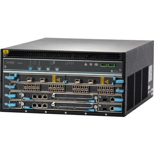Base EX9204 TAA system configuration: 4-slot chassis with passive midplane and 1x fan tray, 1x routing engine, 1x switch fabric-2 module, 2x 2520W AC PSUs, and all necessary blank panels