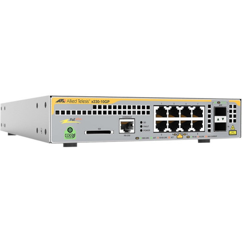 Allied Telesis L2+ managed switch, 8 x 10/100/1000Mbps, 2 x SFP uplink slots, 1 Fixed AC power-supply US Power cord Rack mount kit (AT-RKMT-J05) is NOT included in the unit. Need to order separately. - AT-X230-10GT-10