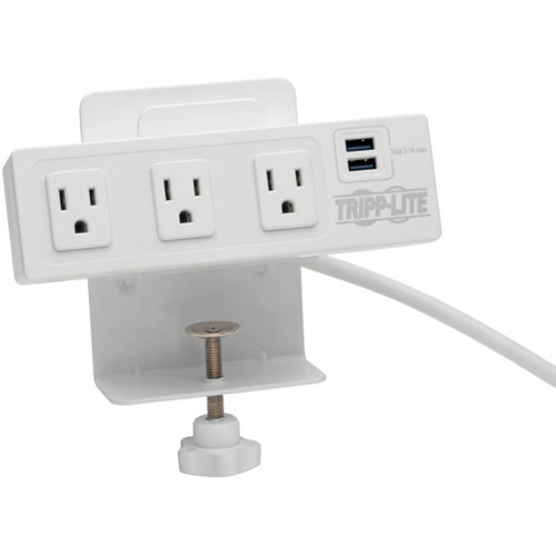 Eaton Tripp Lite Protect It, 3-Outlet Surge Protector With Desk Clamp, 10 Ft. Cord, 510 Joules, 2 USB Charging Ports, White Housing - TLP310USBCW