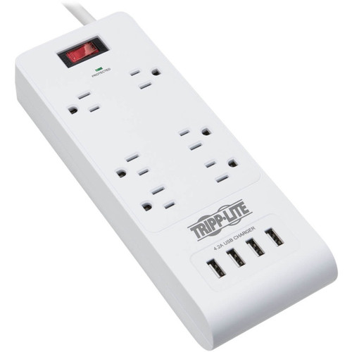Eaton Tripp Lite 6-Outlet Surge Protector With 4 USB Ports (4.2A Shared) - 15 Ft. Cord, 5-15P Plug, 900 Joules, White - TLP64USBRA15