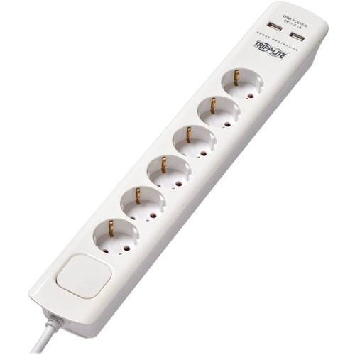 Eaton Tripp Lite 6-Outlet Surge Protector With USB Charging - German Type F Schuko Outlets, 220-250V, 16A, Schuko Plug, White - TLP6G18USB