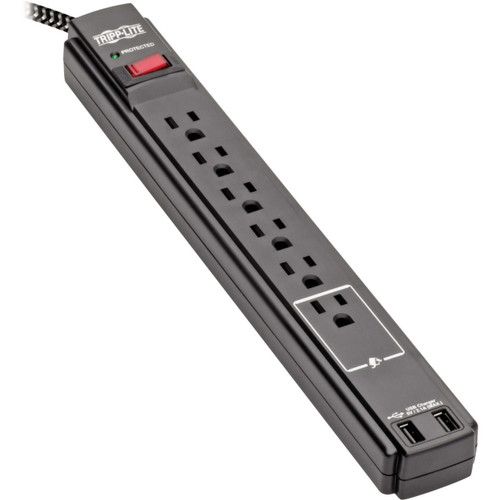 Eaton Tripp Lite Safe-It 6-Outlet Surge Protector - 2 USB Ports, 10 Ft. Cord, 5-15P Plug, 990 Joules, Antimicrobial Protection, Black - TLP610BUAM