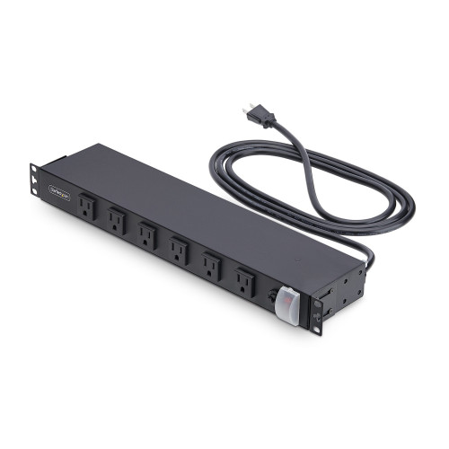 Startech 1U rackmount PDU unit for 19in racks w/ 12x NEMA 5-15R right-angle electrical outlets - 125V 15A supply; 8ft power cord - 2in outlet spacing fits bulky plugs in server/AV setups - 1215B8H-RACK-PDU-RA