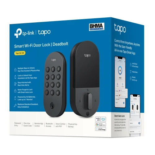 TP-Link Smart Wi-Fi Door Lock - Multiple Ways to Unlock: Keyless keypad, energy-efficient Bluetooth for nearby access, remote Wi-Fi via the Tapo App, voice commands with PIN verificat - TAPO DL100