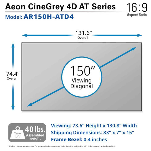 Elite Screens Aeon Cinegrey 4D At 150In Diag. 16:9, Sound Transparent 4K/8K Ceiling Ambient Light Rejecting (Clr /Alr) Fixed Frame Edge Free Projection Screen - AR150H-ATD4