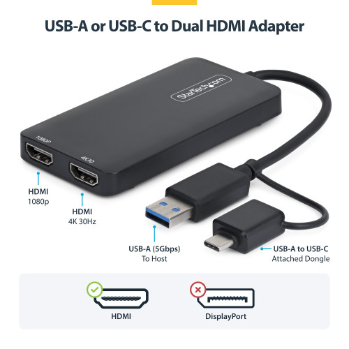 StarTech USB to Dual HDMI Adapter, USB A/C to 2x HDMI Displays (1x 4K30Hz, 1x 1080p), 4.3in/11cm Cable, USB 3.0 to HDMI Display Adapter, Windows/macOS, Black