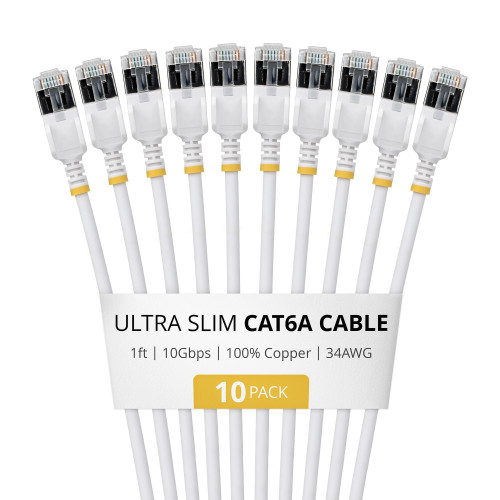 StarTech 1ft White Ultra Slim Cat6A Ethernet Cable, 10 Pack, Snagless, FTP, Pure Bare Copper Wire, 34AWG Ultra Slim RJ45 Network Patch Cord