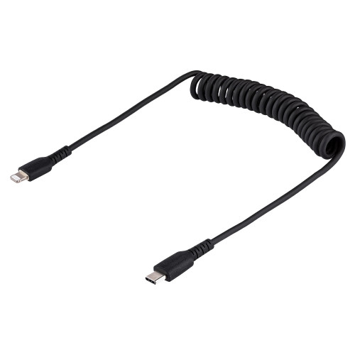 Startech 20In (50Cm) Coiled USB-C To Lightning Charging Cable With Aramid Fiber - Durable High Quality USB C 2.0 Cable With Extended Strain Relief Withstands 10000 Bend Cycles At 180 Degree Angle - Fast Charge And Sync Apple - RUSB2CLT50CMBC