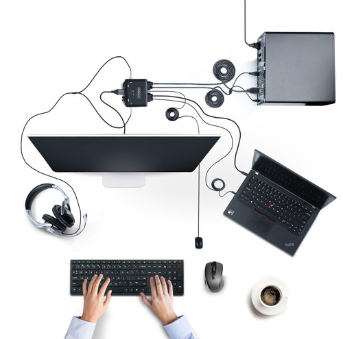 Startech 2-Port Hybrid Cable KVM Switch Enables Switching Of A Mouse, Keyboard, And A 4K 60Hz HDMI Display Between A USB-A/HDMI Desktop And A USB-C Laptop; Integrated Host Cables; Bus Powered; Os Independent; Remote Push Button - C2-H46-UAC-CBL-KVM